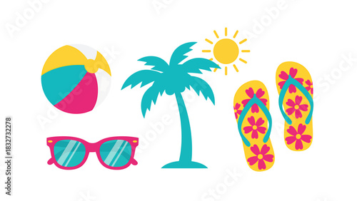 A tropical summer holiday icons set featuring a beach ball, sunglasses, palm tree, flip-flops, and sun