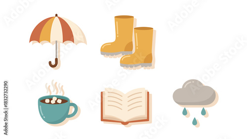 Autumnal Comforts Cozy Icons of Rain, Books, Hot Cocoa and Warm Boots