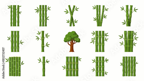 A diverse collection of green bamboo stalks and a single tree are artfully arranged in a clean, isolated vector illustration, perfect for nature-themed designs.