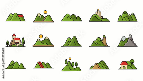 A charming collection of stylized cartoon mountain and hill illustrations, featuring diverse natural landscapes with houses, trees, and suns, perfect for design.
