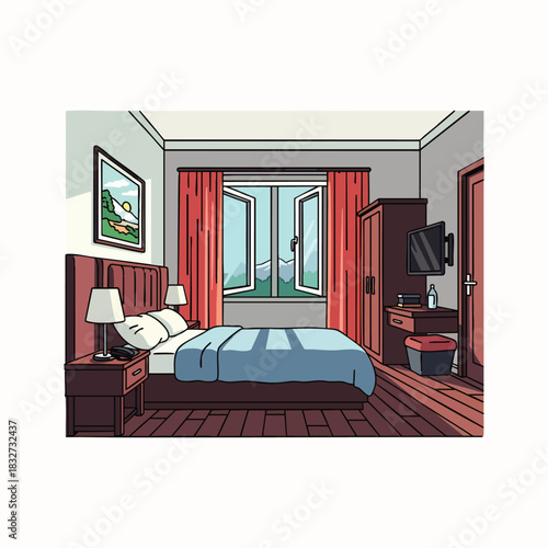 A modern bedroom with an open window revealing a beautiful mountain landscape, featuring a comfortable bed, stylish furniture, and warm lighting.