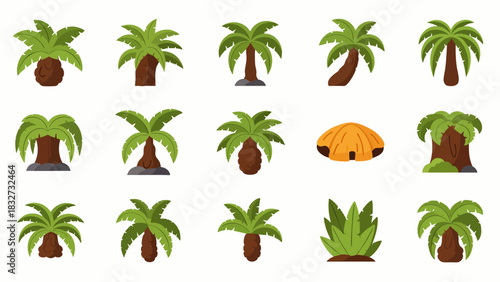 An assortment of beautifully illustrated tropical palm trees and lush green bushes, perfect for enhancing any project with a vibrant, exotic, or vacation theme.