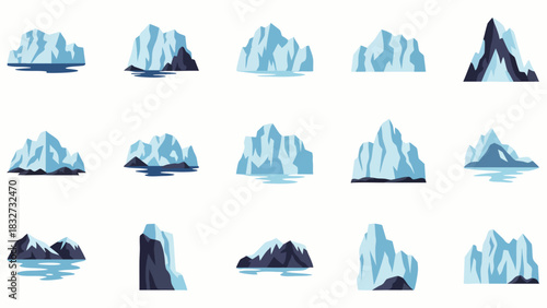 A diverse collection of stylized icebergs, showcasing their majestic forms and icy presence floating on calm water, perfect for environmental themes.