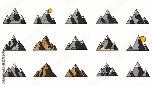 A diverse collection of stylized mountain vector icons featuring various peaks, snow-capped summits, and sun elements, perfect for graphic design projects.