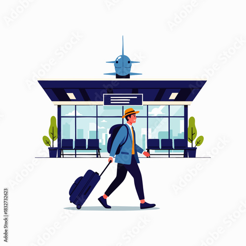 A man walks confidently with luggage through a modern airport terminal, ready for an exciting journey or important business trip.