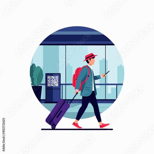 A stylish male traveler with a backpack and rolling luggage walks confidently through a modern airport terminal, checking his smartphone.