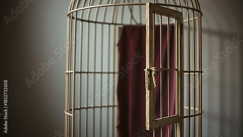 birdcage. An open birdcage door swings gently with faded velvet lining inside. wellbeing guides, coaching materials, designed for mental health education and mindfulness programs.