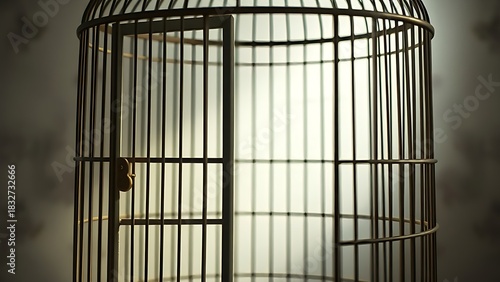 birdcage. An open birdcage door swings gently with faded velvet lining inside. wellbeing guides, coaching materials, designed for mental health education and mindfulness programs.