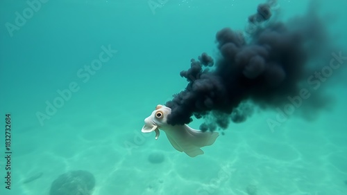 cuttlefish. Cuttlefish releasing ink in clear seawater, dark cloud spreading underwater. wildlife magazines, conservation campaigns, designed for eco-tourism storytelling, used by researchers.