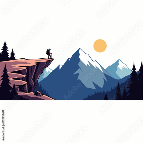 A lone adventurer stands triumphantly on a rugged cliff overlooking majestic snow-capped mountains and a serene forest under a warm sun, symbolizing journey.