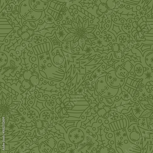 Christmas pattern, doodles, line art, green color. Seamless floral pattern-872.