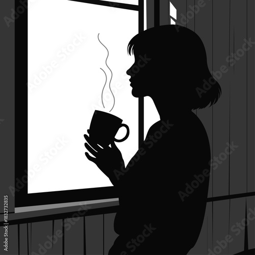 A black and white illustration of a pensive girl by the window
