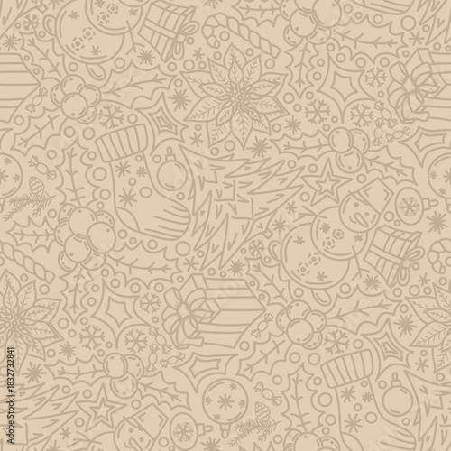 Christmas pattern, doodles, line art, beige color. Seamless floral pattern-871.