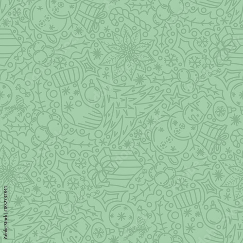 Christmas pattern, doodles, line art, light green color. Seamless floral pattern-873.