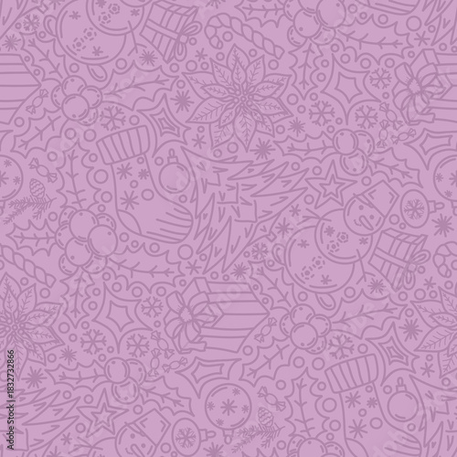 Christmas pattern, doodles, line art, pink color. Seamless floral pattern-874.