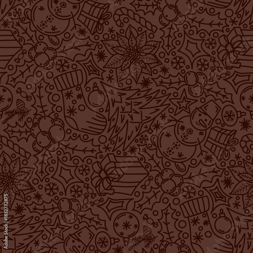 Christmas pattern, doodles, line art, brown color. Seamless floral pattern-868.