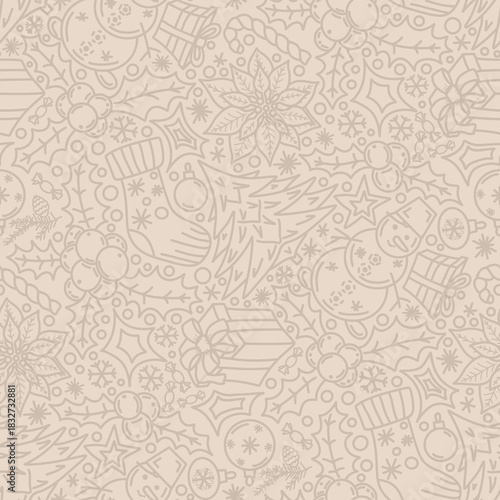Christmas pattern, doodles, line art, light beige color. Seamless floral pattern-875.