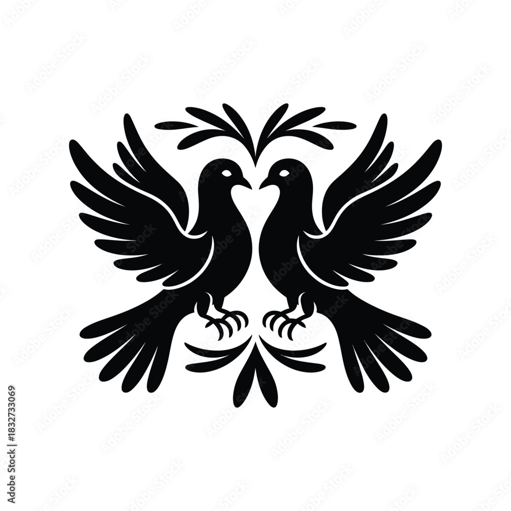 Obraz premium Two doves forming a heart shape, silhouette vector design on a white background
