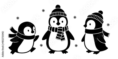 Winter Penguin Silhouette Set with Scarf and Beanie Hat, Cute Vector Characters for Seasonal Designs

