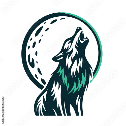Teal and Black Wolf Howling at Moon Illustration
