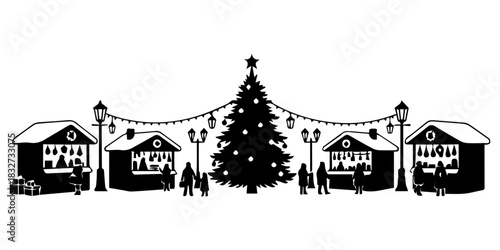 Cozy Winter Village Street Market Silhouette with Christmas Tree and Lanterns
