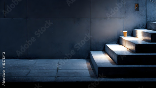 Fototapeta Naklejka Na Ścianę i Meble -  A minimal street staircase illuminated by cool light where a coffee cup sits forming a small bright focal accent