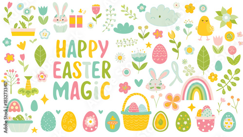Happy easter magic collection of cute cartoon illustrations featuring bunnies chicks flowers rainbows and decorated eggs for spring holiday celebrations and designs