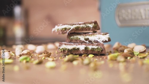slow motion Dubai chocolate with pistachio
