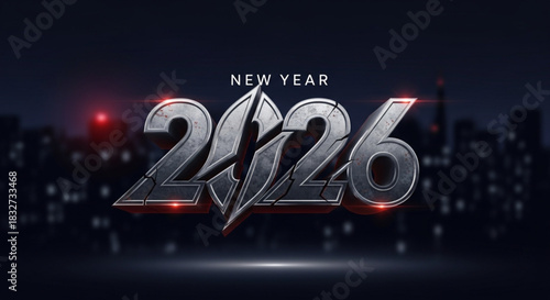 A dark, dramatic, and futuristic 3D rendering of the numbers '2026' in cracked, metallic, and sharp text with red glowing accents, set against a dark, blurry cityscape background. The text "NEW YEAR" 