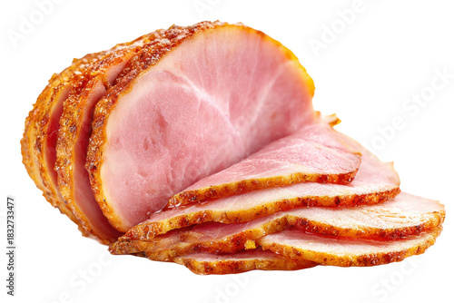 Sliced smoked ham with crispy edges arranged on a transparent background, showcasing the juicy texture and rich color of the meat. Isolated on transparent background.