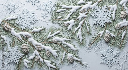 A detailed, embossed or relief texture image featuring snow-covered fir or pine tree branches with pinecones and intricate white snowflakes. The image evokes a classic, elegant winter and holiday feel