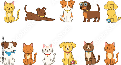 Cute cat and dog cartoon vector set featuring playful pets, kittens, puppies, accessories, and adorable character illustrations for children