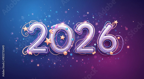 A cute and vibrant 3D rendering of the numbers '2026' in a stylized candy or gum-like text, wrapped with sparkling lights and adorned with stars and confetti, against a vibrant blue and pink gradient 