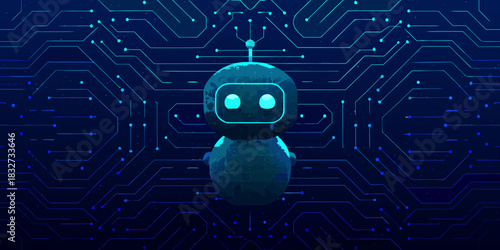 Cute robot with circuit board background artificial intelligence and technology concept