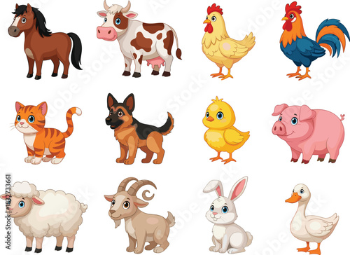 Cute farm animal cartoon vector set featuring domestic animals, pets, baby animals, and colorful countryside character illustrations