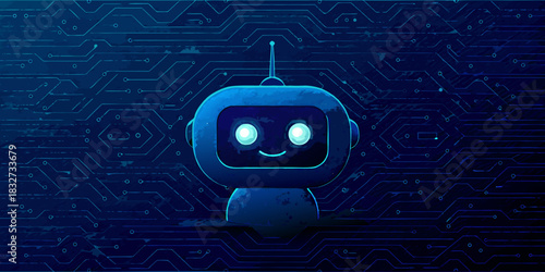 Friendly robot on a blue circuit board background illustration