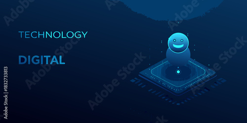 Ai powered smiling robot on a microchip digital technology concept