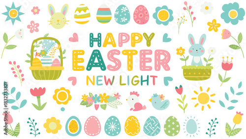 Whimsical and colorful collection of easter elements including decorated eggs cute bunnies chicks flowers and the text happy easter new light perfect for spring celebrations and festive designs