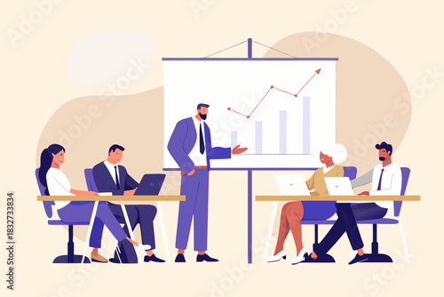 Business presentation with team discussing growth charts and financial data