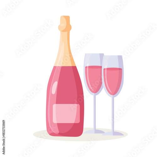 Pink champagne. Flat vector clipart illustration with isolated background.