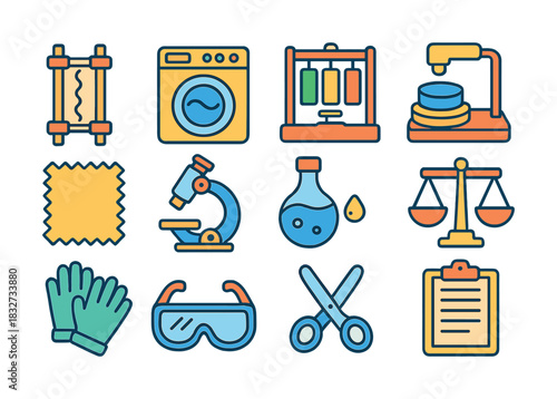 Colorful science and textile icon set featuring equipment and tools