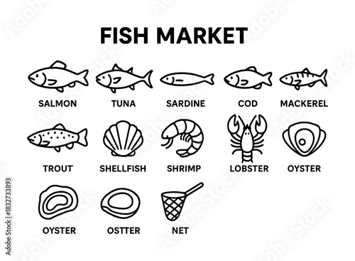 Fish market icons: salmon, tuna, sardine, cod, mackerel, trout, shellfish, shrimp, lobster, oyster