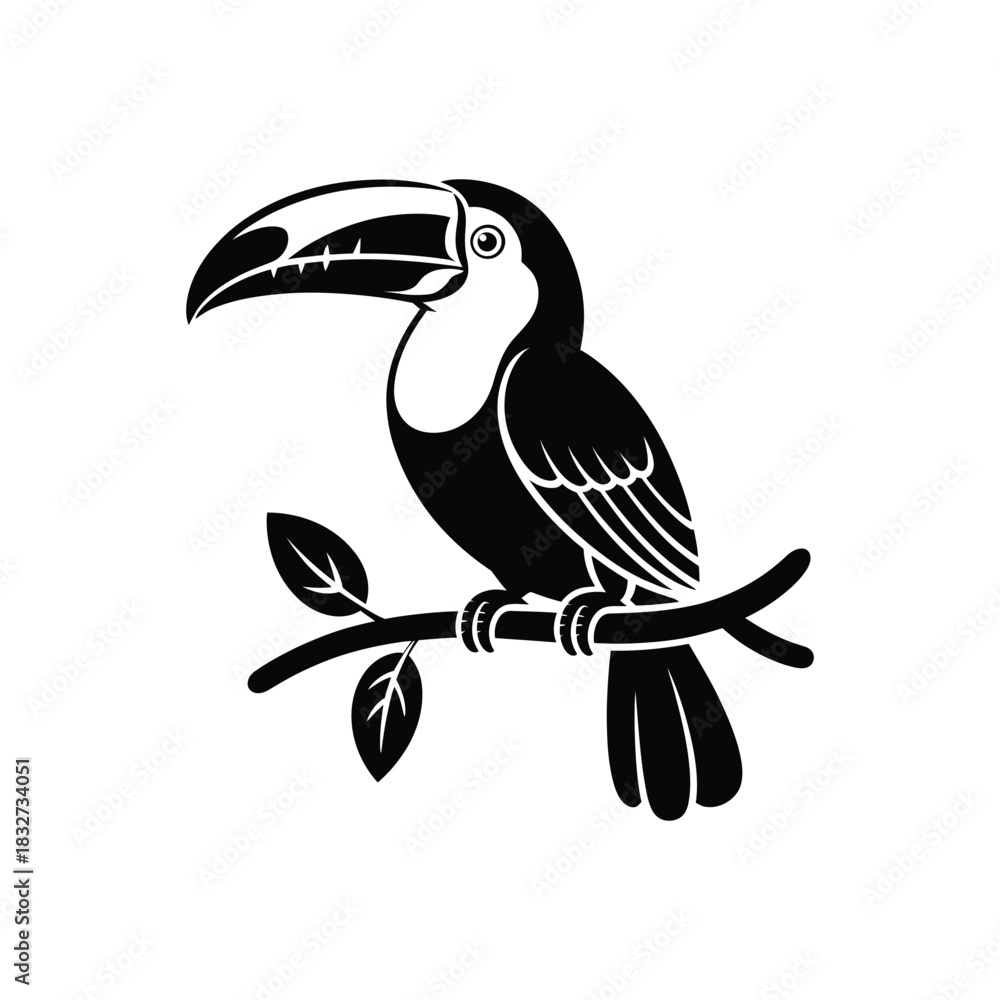Obraz premium Toucan perched on a branch, silhouette vector design on a white background