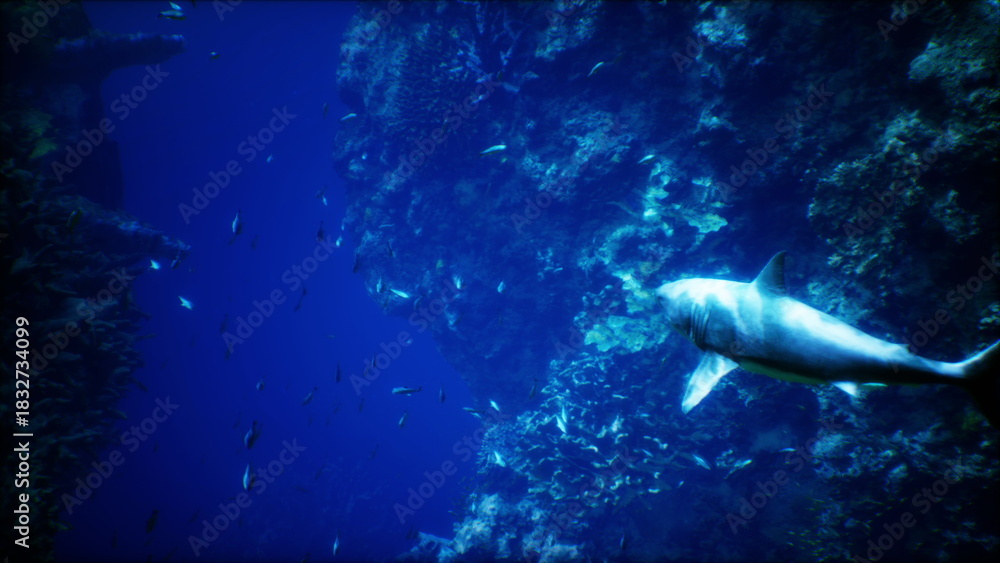 Fototapeta premium A sleek shark swims gracefully through deep blue waters, surrounded by a lively coral reef. Small fish dart around, creating a vibrant scene beneath the oceans surface.