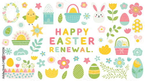 Happy easter renewal greeting with cute cartoon elements including bunny chick easter eggs flowers baskets and spring foliage on a white background