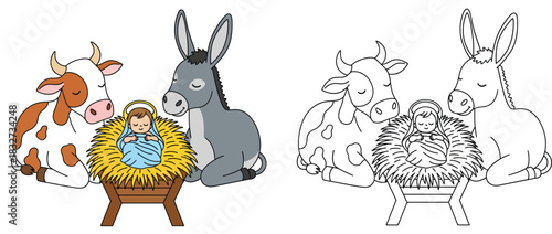 Cute cartoon Baby Jesus in manger with cow and donkey Nativity scene vector illustration Coloring book page outline and colored version isolated on white background.