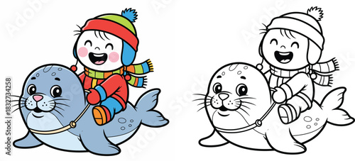ute cartoon boy riding a seal Vector illustration of a happy kid in winter clothes playing with a sea animal Coloring book page outline and colored version isolated on white background.