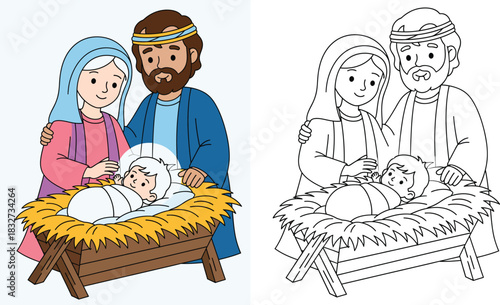 Cute cartoon Holy Family looking at Baby Jesus in manger Nativity scene vector illustration Coloring book page outline and colored version isolated on white background.