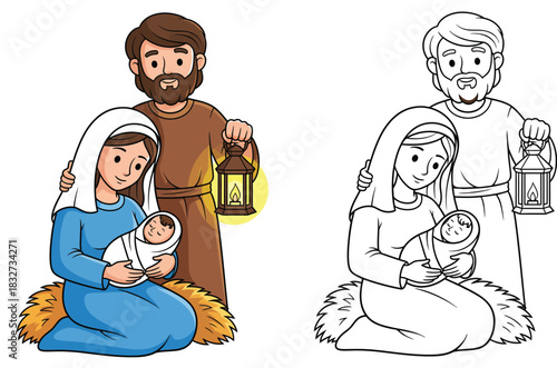 Cute cartoon Holy Family Mary Joseph and Baby Jesus nativity scene Vector illustration with coloring book page outline isolated on white background.