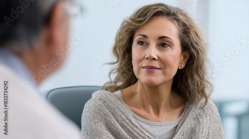 A middle-aged patient listens attentively to her healthcare provider, absorbing important information during a medical consultation in a well-lit clinic, fostering a supportive atmosphere